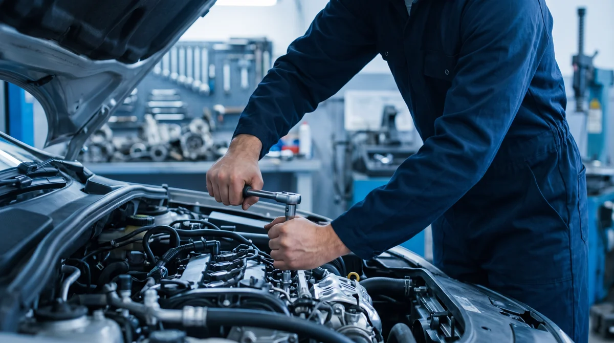 Mechaniker arbeitet an einem Fahrzeug in einer Werkstatt