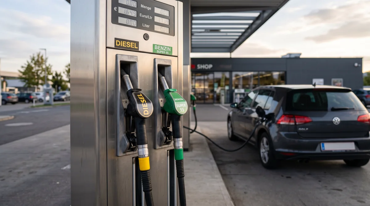 Tankstelle bei Tageslicht mit zwei Zapfsäulen
